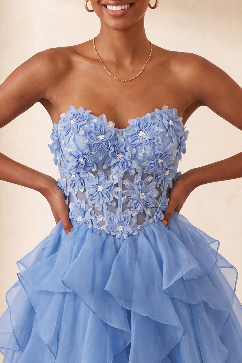 Laden Sie das Bild in den Galerie-Viewer, A-Linie himmelblaues Sweetheart-Transparentes Korsett mit Rüschen und Spitzen-Rücken-Homecoming-Kleid