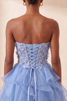 Laden Sie das Bild in den Galerie-Viewer, A-Linie himmelblaues Sweetheart-Transparentes Korsett mit Rüschen und Spitzen-Rücken-Homecoming-Kleid