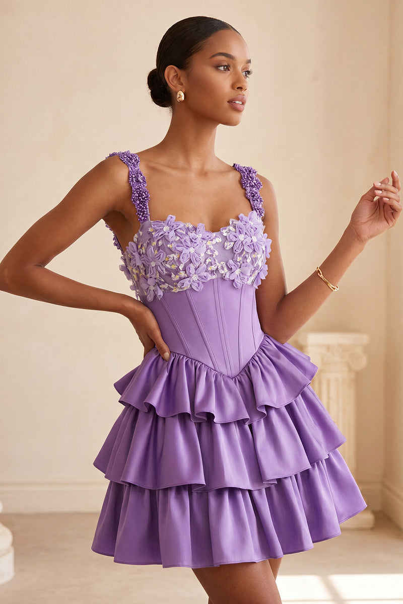 Laden Sie das Bild in den Galerie-Viewer, Hellviolettes A-Linien-Korsett mit Spitze hinten geblümtes Homecoming-Kleid mit Perlen