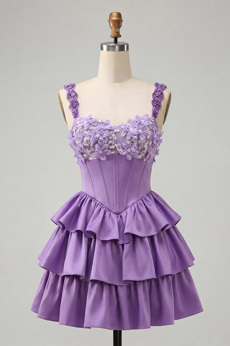 Laden Sie das Bild in den Galerie-Viewer, Hellviolettes A-Linien-Korsett mit Spitze hinten geblümtes Homecoming-Kleid mit Perlen
