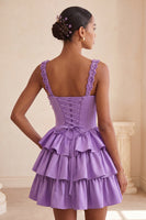 Laden Sie das Bild in den Galerie-Viewer, Hellviolettes A-Linien-Korsett mit Spitze hinten geblümtes Homecoming-Kleid mit Perlen