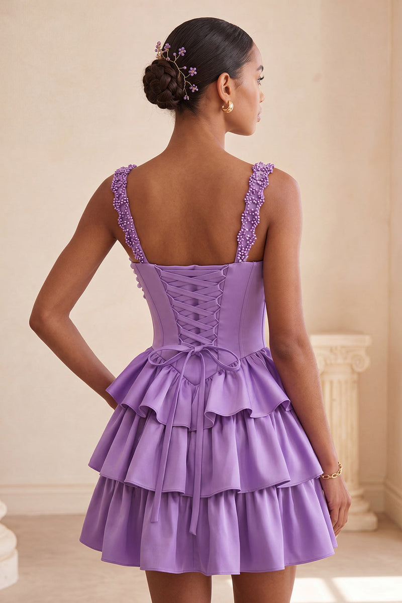 Laden Sie das Bild in den Galerie-Viewer, Hellviolettes A-Linien-Korsett mit Spitze hinten geblümtes Homecoming-Kleid mit Perlen