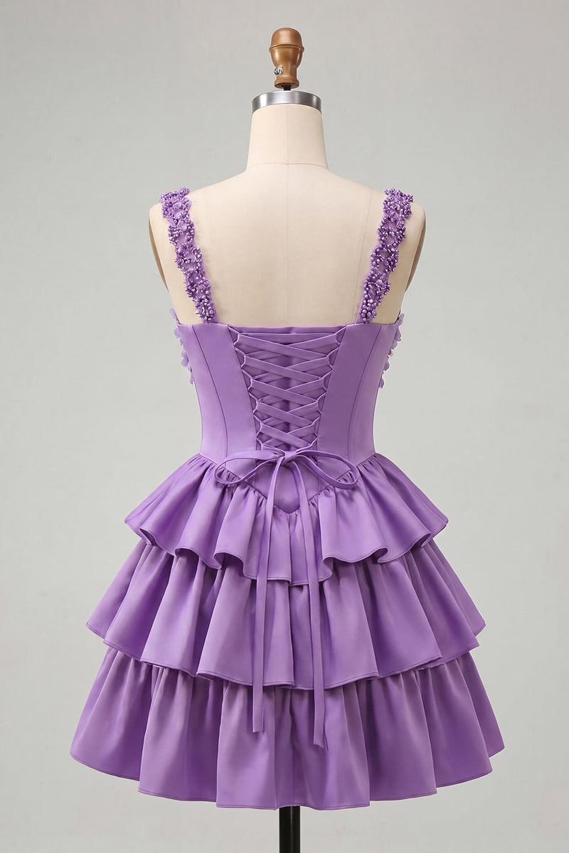 Laden Sie das Bild in den Galerie-Viewer, Hellviolettes A-Linien-Korsett mit Spitze hinten geblümtes Homecoming-Kleid mit Perlen