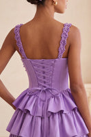 Laden Sie das Bild in den Galerie-Viewer, Hellviolettes A-Linien-Korsett mit Spitze hinten geblümtes Homecoming-Kleid mit Perlen