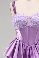 Laden Sie das Bild in den Galerie-Viewer, Hellviolettes A-Linie Korsett Schnürung Geblümtes Kurzes Abendkleid mit Perlen