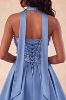 Laden Sie das Bild in den Galerie-Viewer, Olive A-Line Sweetheart Sweetheart Blumen-Homecoming-Kleid mit Spitze auf dem Rücken