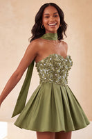 Laden Sie das Bild in den Galerie-Viewer, Olive A-Line Sweetheart Sweetheart Blumen-Homecoming-Kleid mit Spitze auf dem Rücken