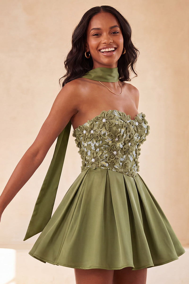 Laden Sie das Bild in den Galerie-Viewer, Olive A-Line Sweetheart Sweetheart Blumen-Homecoming-Kleid mit Spitze auf dem Rücken