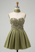 Laden Sie das Bild in den Galerie-Viewer, Olive A-Line Sweetheart Sweetheart Blumen-Homecoming-Kleid mit Spitze auf dem Rücken