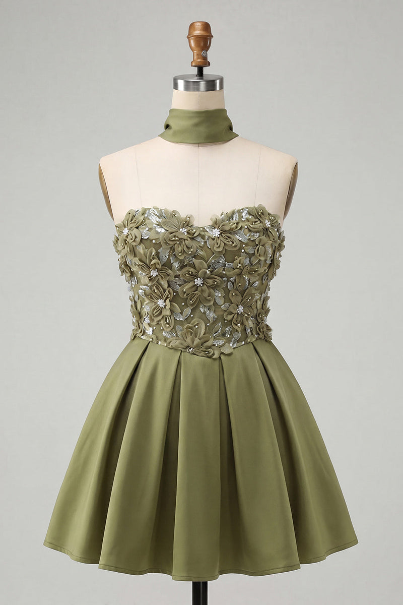 Laden Sie das Bild in den Galerie-Viewer, Olive A-Line Sweetheart Sweetheart Blumen-Homecoming-Kleid mit Spitze auf dem Rücken
