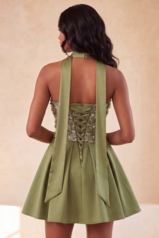 Olive A-Linie Sweetheart Blumen Kurzes Abendkleid mit Schnürung Rücken