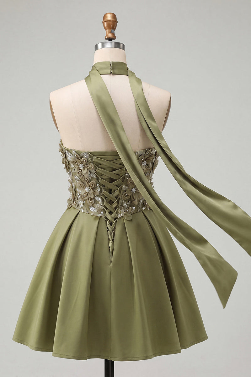 Laden Sie das Bild in den Galerie-Viewer, Olive A-Line Sweetheart Sweetheart Blumen-Homecoming-Kleid mit Spitze auf dem Rücken