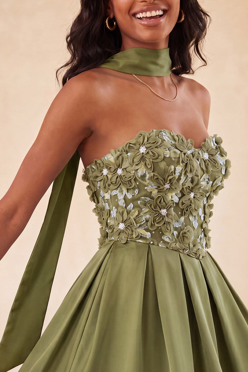 Laden Sie das Bild in den Galerie-Viewer, Olive A-Line Sweetheart Sweetheart Blumen-Homecoming-Kleid mit Spitze auf dem Rücken