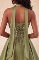 Laden Sie das Bild in den Galerie-Viewer, Olive A-Line Sweetheart Sweetheart Blumen-Homecoming-Kleid mit Spitze auf dem Rücken
