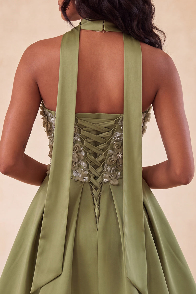 Laden Sie das Bild in den Galerie-Viewer, Olive A-Line Sweetheart Sweetheart Blumen-Homecoming-Kleid mit Spitze auf dem Rücken