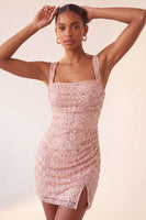Laden Sie das Bild in den Galerie-Viewer, Himmelblauer Bodycon mit quadratischem Ausschnitt, Pailletten mit gerafftem Spitzen-Back-Back-Homecoming-Kleid mit Schlitz