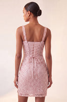 Laden Sie das Bild in den Galerie-Viewer, Himmelblauer Bodycon mit quadratischem Ausschnitt, Pailletten mit gerafftem Spitzen-Back-Back-Homecoming-Kleid mit Schlitz