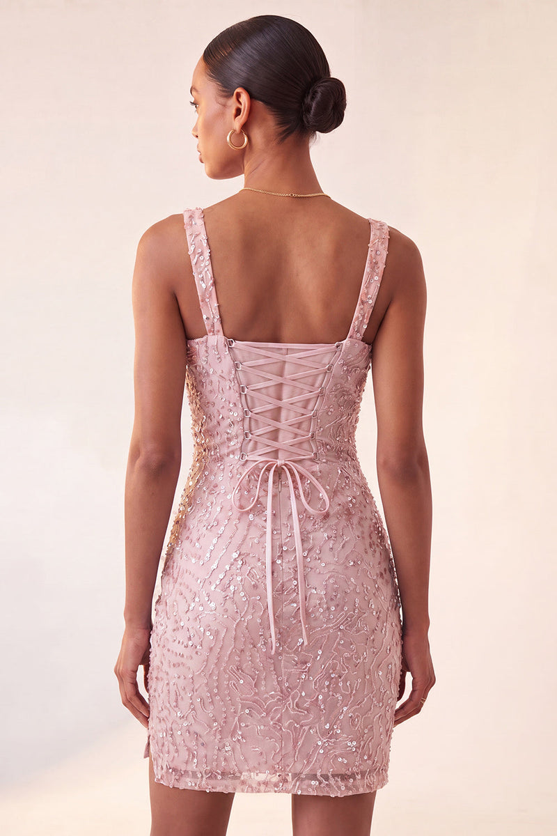 Laden Sie das Bild in den Galerie-Viewer, Himmelblauer Bodycon mit quadratischem Ausschnitt, Pailletten mit gerafftem Spitzen-Back-Back-Homecoming-Kleid mit Schlitz