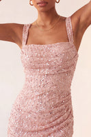 Laden Sie das Bild in den Galerie-Viewer, Himmelblauer Bodycon mit quadratischem Ausschnitt, Pailletten mit gerafftem Spitzen-Back-Back-Homecoming-Kleid mit Schlitz