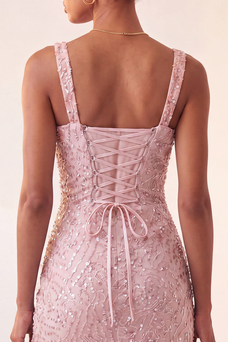 Laden Sie das Bild in den Galerie-Viewer, Himmelblauer Bodycon mit quadratischem Ausschnitt, Pailletten mit gerafftem Spitzen-Back-Back-Homecoming-Kleid mit Schlitz