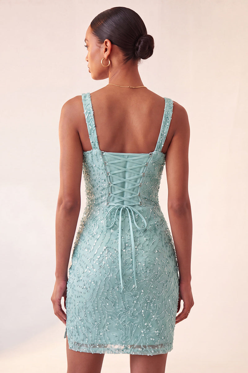 Laden Sie das Bild in den Galerie-Viewer, Himmelblauer Bodycon mit quadratischem Ausschnitt, Pailletten mit gerafftem Spitzen-Back-Back-Homecoming-Kleid mit Schlitz