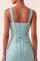 Laden Sie das Bild in den Galerie-Viewer, Himmelblauer Bodycon mit quadratischem Ausschnitt, Pailletten mit gerafftem Spitzen-Back-Back-Homecoming-Kleid mit Schlitz