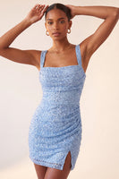 Laden Sie das Bild in den Galerie-Viewer, Himmelblauer Bodycon mit quadratischem Ausschnitt, Pailletten mit gerafftem Spitzen-Back-Back-Homecoming-Kleid mit Schlitz