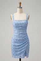 Laden Sie das Bild in den Galerie-Viewer, Himmelblauer Bodycon mit quadratischem Ausschnitt, Pailletten mit gerafftem Spitzen-Back-Back-Homecoming-Kleid mit Schlitz