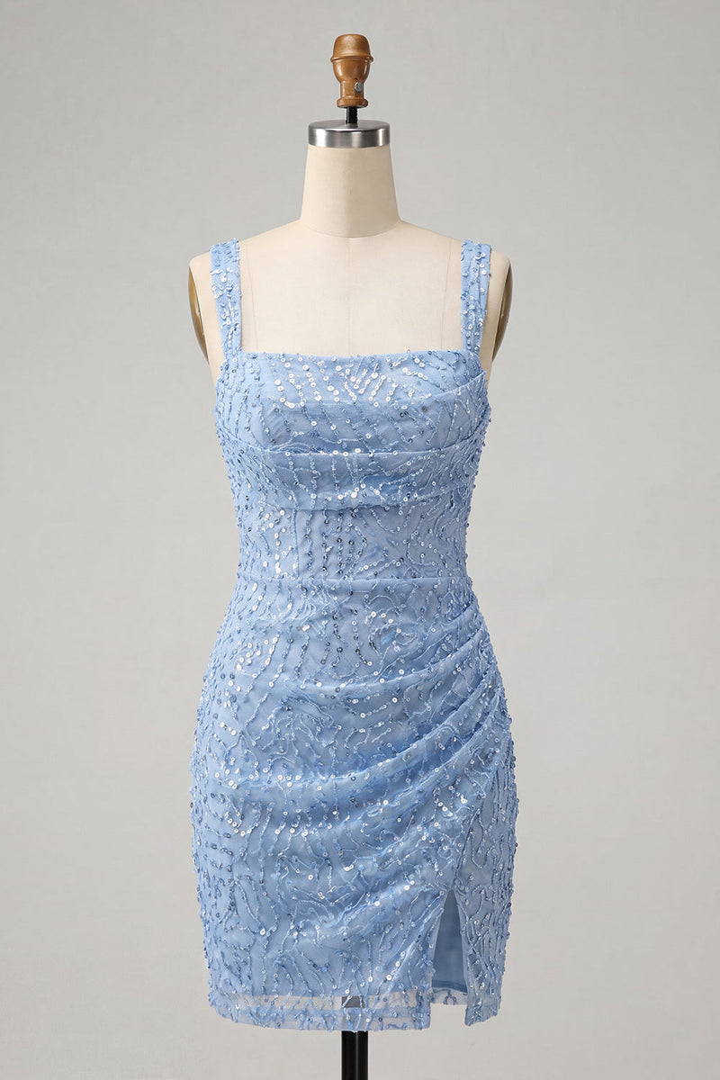 Laden Sie das Bild in den Galerie-Viewer, Himmelblauer Bodycon mit quadratischem Ausschnitt, Pailletten mit gerafftem Spitzen-Back-Back-Homecoming-Kleid mit Schlitz