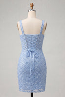 Laden Sie das Bild in den Galerie-Viewer, Himmelblauer Bodycon mit quadratischem Ausschnitt, Pailletten mit gerafftem Spitzen-Back-Back-Homecoming-Kleid mit Schlitz