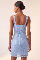 Laden Sie das Bild in den Galerie-Viewer, Himmelblauer Bodycon mit quadratischem Ausschnitt, Pailletten mit gerafftem Spitzen-Back-Back-Homecoming-Kleid mit Schlitz