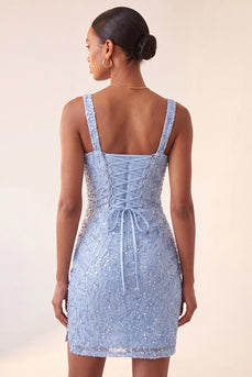 Himmelblaues Bodycon mit quadratischem Ausschnitt Pailletten Gerafftes Schnürung Kurzes Abendkleid mit Schlitz