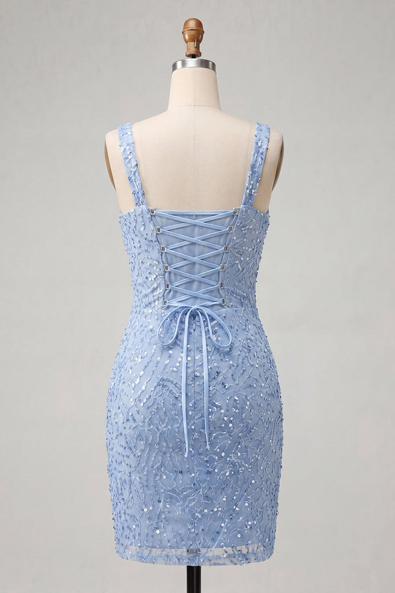Laden Sie das Bild in den Galerie-Viewer, Himmelblauer Bodycon mit quadratischem Ausschnitt, Pailletten mit gerafftem Spitzen-Back-Back-Homecoming-Kleid mit Schlitz