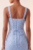 Laden Sie das Bild in den Galerie-Viewer, Himmelblauer Bodycon mit quadratischem Ausschnitt, Pailletten mit gerafftem Spitzen-Back-Back-Homecoming-Kleid mit Schlitz