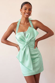 Bodycon Mintgrünes Neckholderhals Satin Schnürung Kurzes Abendkleid mit Schleife