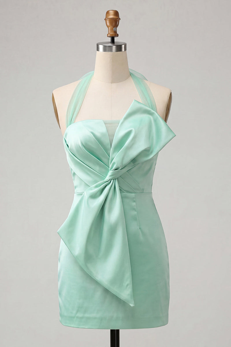 Laden Sie das Bild in den Galerie-Viewer, Bodycon Mintgrünes Neckholderhals Satin Schnürung Kurzes Abendkleid mit Schleife