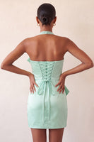 Laden Sie das Bild in den Galerie-Viewer, Bodycon Mintgrünes Neckholderhals Satin Schnürung Kurzes Abendkleid mit Schleife