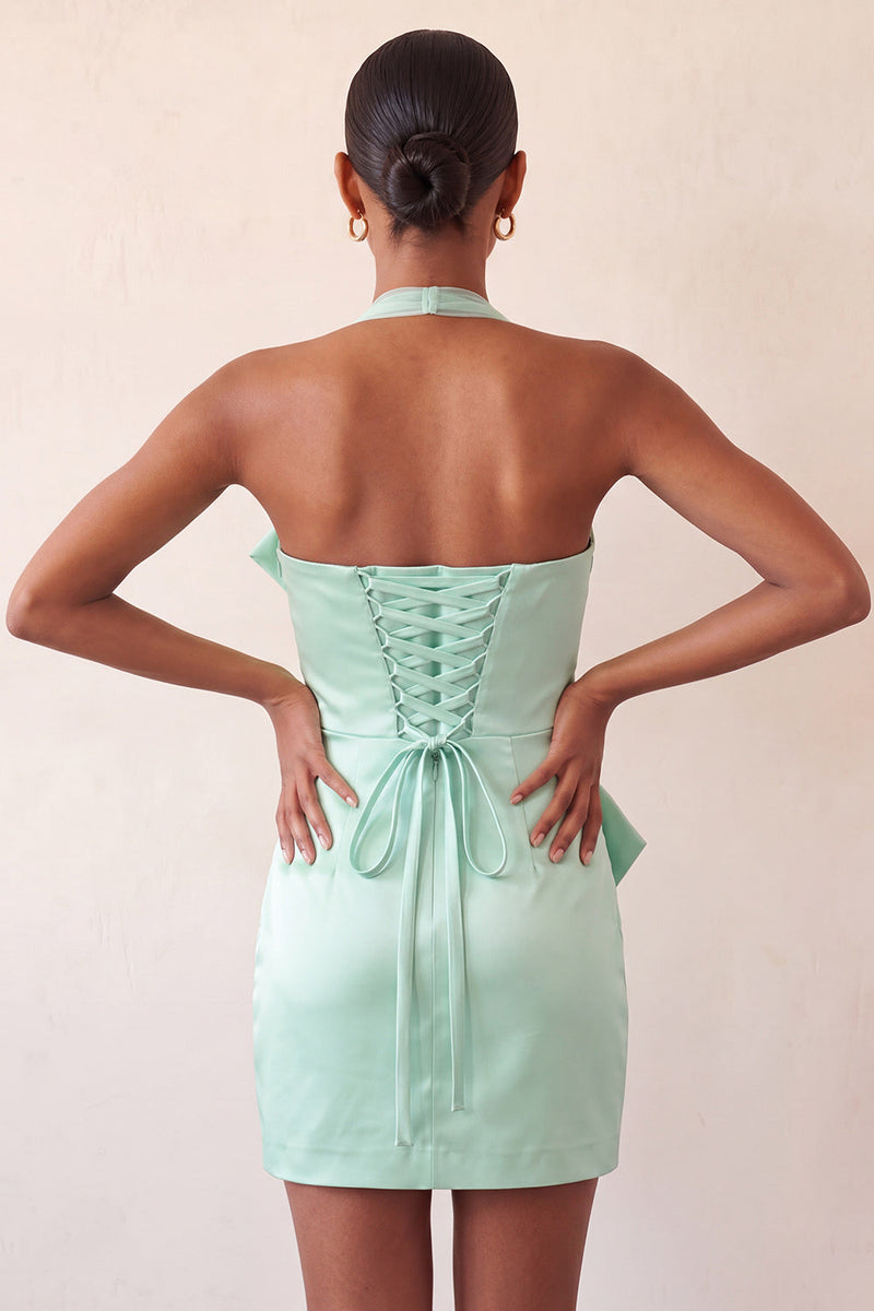 Laden Sie das Bild in den Galerie-Viewer, Bodycon Mintgrünes Neckholderhals Satin Schnürung Kurzes Abendkleid mit Schleife