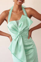 Laden Sie das Bild in den Galerie-Viewer, Bodycon Mintgrünes Neckholderhals Satin Schnürung Kurzes Abendkleid mit Schleife