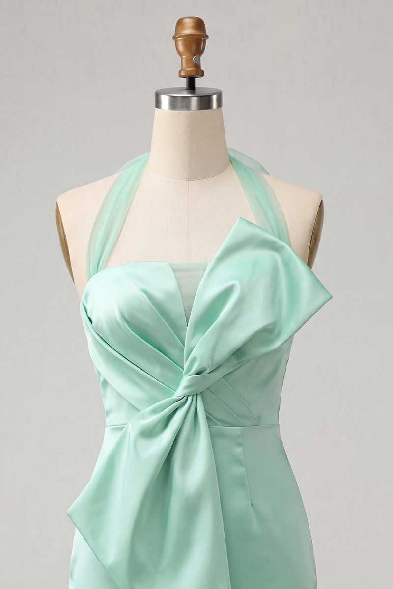 Laden Sie das Bild in den Galerie-Viewer, Bodycon Mintgrünes Neckholderhals Satin Schnürung Kurzes Abendkleid mit Schleife
