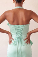 Laden Sie das Bild in den Galerie-Viewer, Bodycon Mintgrünes Neckholderhals Satin Schnürung Kurzes Abendkleid mit Schleife