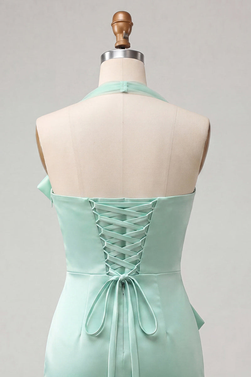 Laden Sie das Bild in den Galerie-Viewer, Bodycon Mintgrünes Neckholderhals Satin Schnürung Kurzes Abendkleid mit Schleife