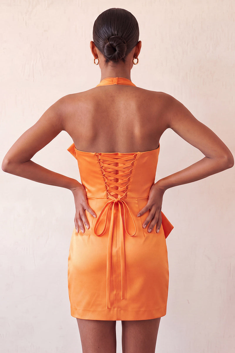 Laden Sie das Bild in den Galerie-Viewer, Bodycon Mintgrünes Neckholderhals Satin Schnürung Kurzes Abendkleid mit Schleife