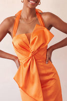 Laden Sie das Bild in den Galerie-Viewer, Bodycon Mintgrünes Neckholderhals Satin Schnürung Kurzes Abendkleid mit Schleife