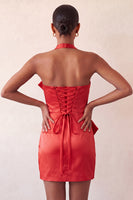 Laden Sie das Bild in den Galerie-Viewer, Bodycon Mintgrünes Neckholderhals Satin Schnürung Kurzes Abendkleid mit Schleife