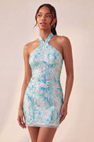 Laden Sie das Bild in den Galerie-Viewer, Bodycon Helllila Neckholderhals Pailletten Schnürung Back-Homecoming-Kleid