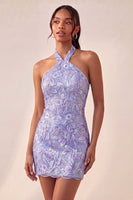 Laden Sie das Bild in den Galerie-Viewer, Bodycon Helllila Neckholderhals Pailletten Schnürung Back-Homecoming-Kleid