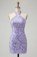 Laden Sie das Bild in den Galerie-Viewer, Bodycon Helllila Neckholderhals Pailletten Schnürung Back-Homecoming-Kleid