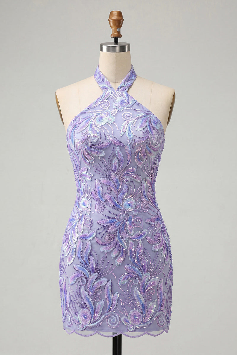Laden Sie das Bild in den Galerie-Viewer, Bodycon Helllila Neckholderhals Pailletten Schnürung Back-Homecoming-Kleid