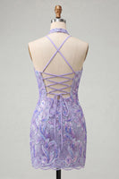 Laden Sie das Bild in den Galerie-Viewer, Bodycon Helllila Neckholderhals Pailletten Schnürung Back-Homecoming-Kleid